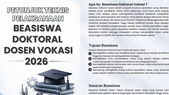 Beasiswa Doktoral Dosen Vokasi 2026 Dibuka, Kuliah S3 Gratis dengan Biaya Hidup dan Dana Riset dari Kemdiktisaintek