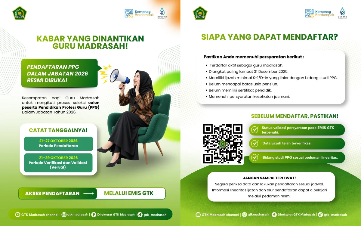 Pendaftaran PPG Daljab Guru Madrasah 2026 Dibuka Hingga 27 Oktober, Ini Syarat dan Tahapannya