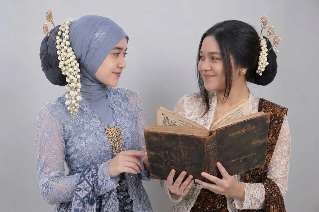 Ilustrasi. Dua perempuan sedang berinteraksi tentang bahasa. Peribahasa menjadi salah satu kekayaan bahasa Indonesia yang sarat nasihat dan kearifan hidup (Foto: AI/Reizka Kemala Nazar).