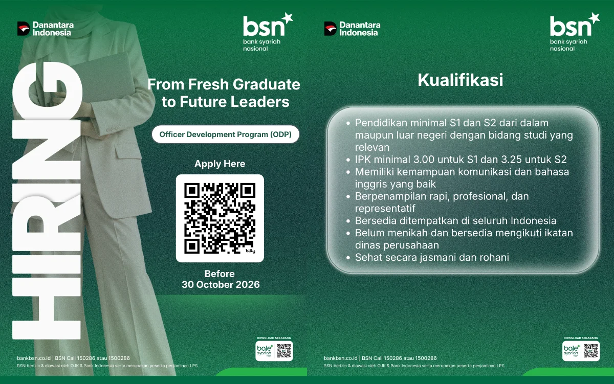 Bank Syariah Nasional membuka kesempatan berkarier melalui Officer Development Program 2026. (Foto: alumni.ugm.ac.id)