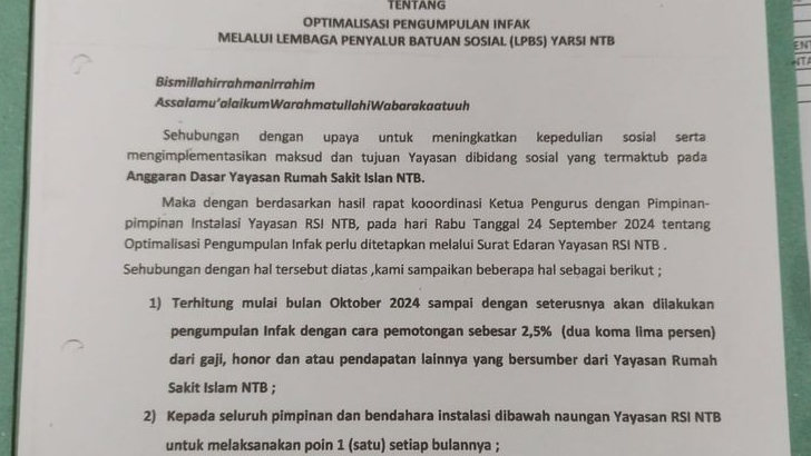 Beredar Surat Edaran “Pungutan Infaq” 2,5 Persen Bagi Karyawan RSI NTB, Begini Respon Elemen Masyarakat