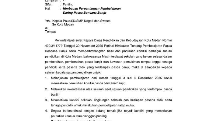 Medan Dilanda Banjir Lagi, Sekolah Lanjut Pembelajaran Daring Sampai 4 Desember 2025