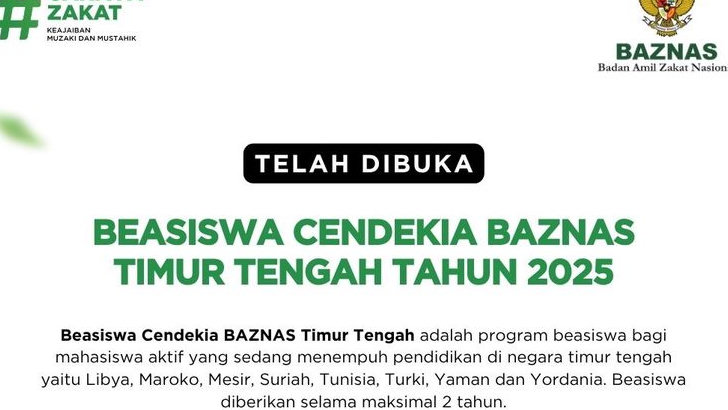 BAZNAS Buka Pendaftaran Beasiswa Cendekia Timur Tengah 2025, Simak Syarat dan Jadwal Lengkapnya
