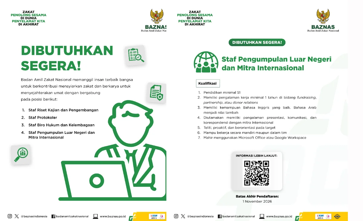 BAZNAS membuka rekrutmen empat posisi staf dengan kualifikasi berbeda. (Foto: Instagram@baznasindonesia)
