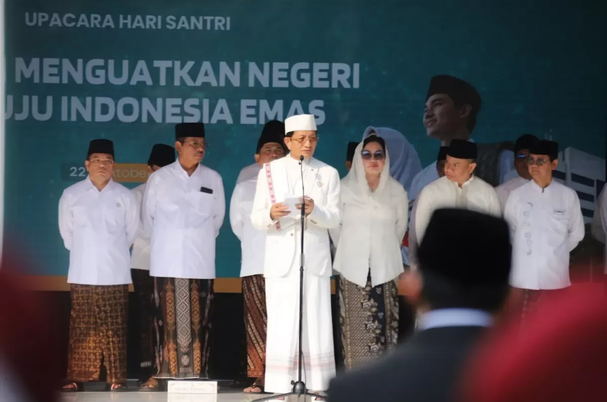 Menteri Agama Nasaruddin Umar menyampaikan lima program penguatan pesantren saat peringatan Hari Santri Nasional 2026. (Foto: kemenag.go.id)