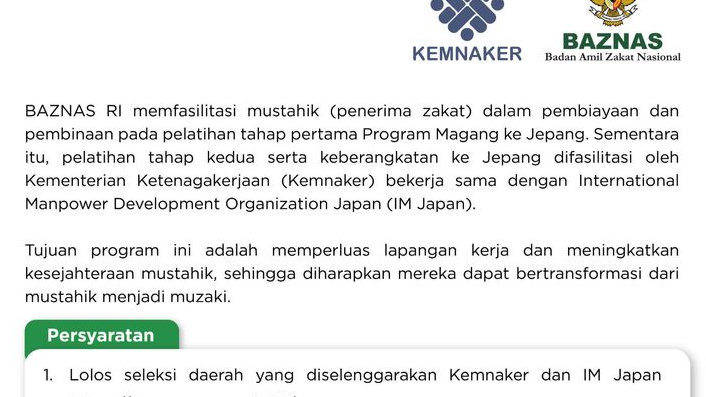 BAZNAS dan Kemnaker Fasilitasi 3.000 Mustahik Magang ke Jepang, Dapat Tunjangan hingga Rp15 Juta, Cek Syarat dan Mekanisme Pendaftaran
