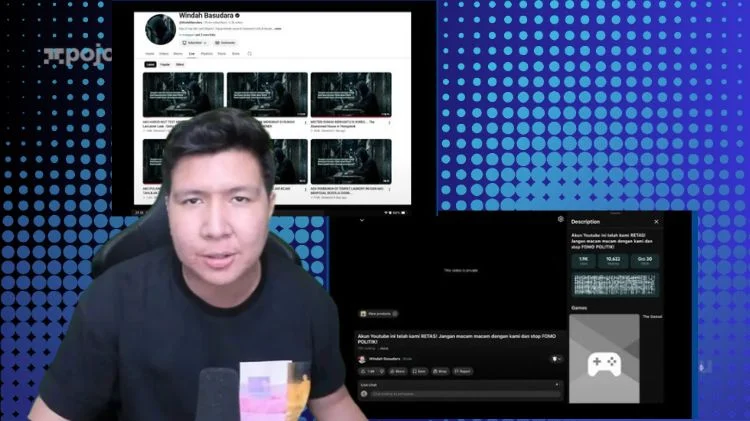 Tampilan kanal YouTube Windah Basudara yang sempat berubah dan memunculkan pesan dugaan peretasan.