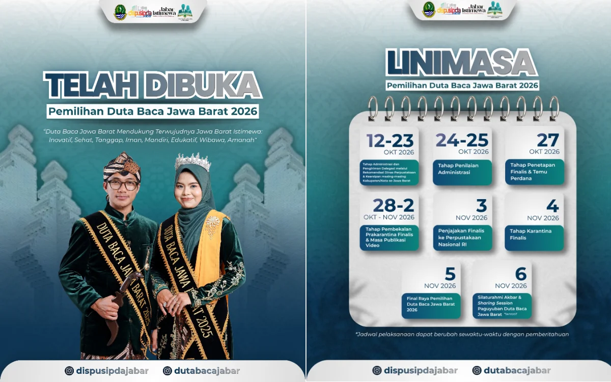 Pemilihan Duta Baca Jawa Barat 2026 menjadi ajang bagi generasi muda untuk berkontribusi dalam mengenalkan budaya membaca dan meningkatkan literasi masyarakat. (Foto: instagram@dutabacajabar)