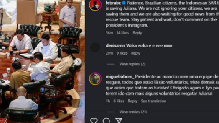 Buntut Insiden Pendaki Brasil Jatuh di Rinjani, IG Prabowo Diserbu Netizen, Istana Bilang Begini