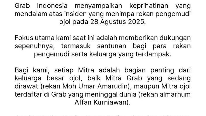Grab Sampaikan Dukacita atas Affan Kurniawan Ojol yang Tewas Dilindas Rantis Brimob Saat Demo Ricuh