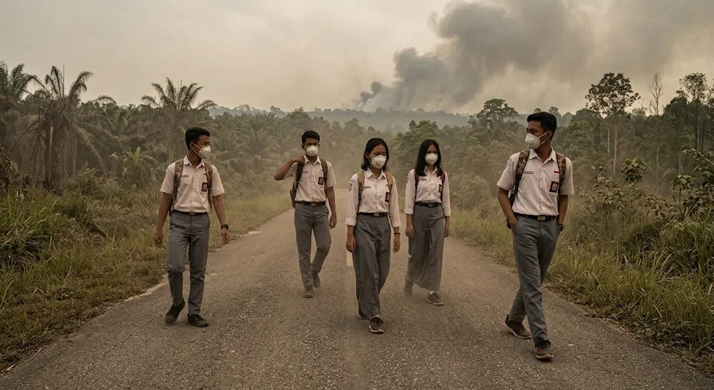 Siswa SMA menuju sekolah di tengah kabut asap. Kemendikdasmen menjelaskan jadwal TKA susulan dan mekanisme pengolahan nilai siswa terdampak bencana (Foto: AI/Rizq Azzahra).