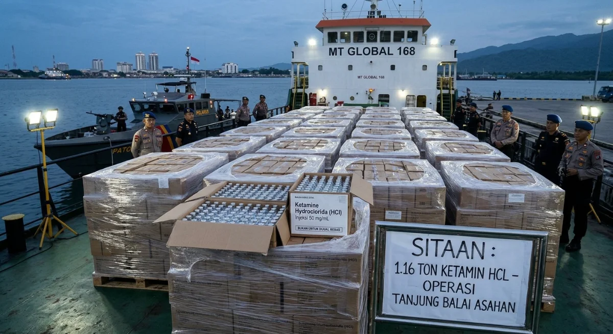 Ilustrasi penemuan ketamin hidroklorida (HCl) seberat 1,16 ton di pengangkutan kapal MT Global 168 di perairan Tanjung Balai Asahan, Sumatera Utara.