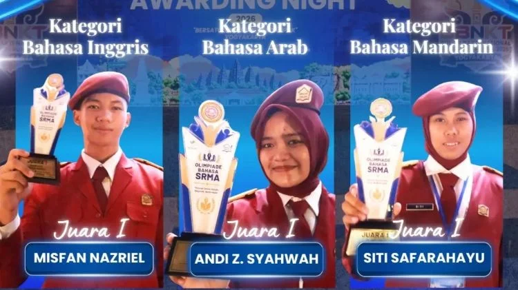 Tiga siswa Sekolah Rakyat berhasil meraih juara pertama Olimpiade Bahasa Asing tingkat nasional 2026.