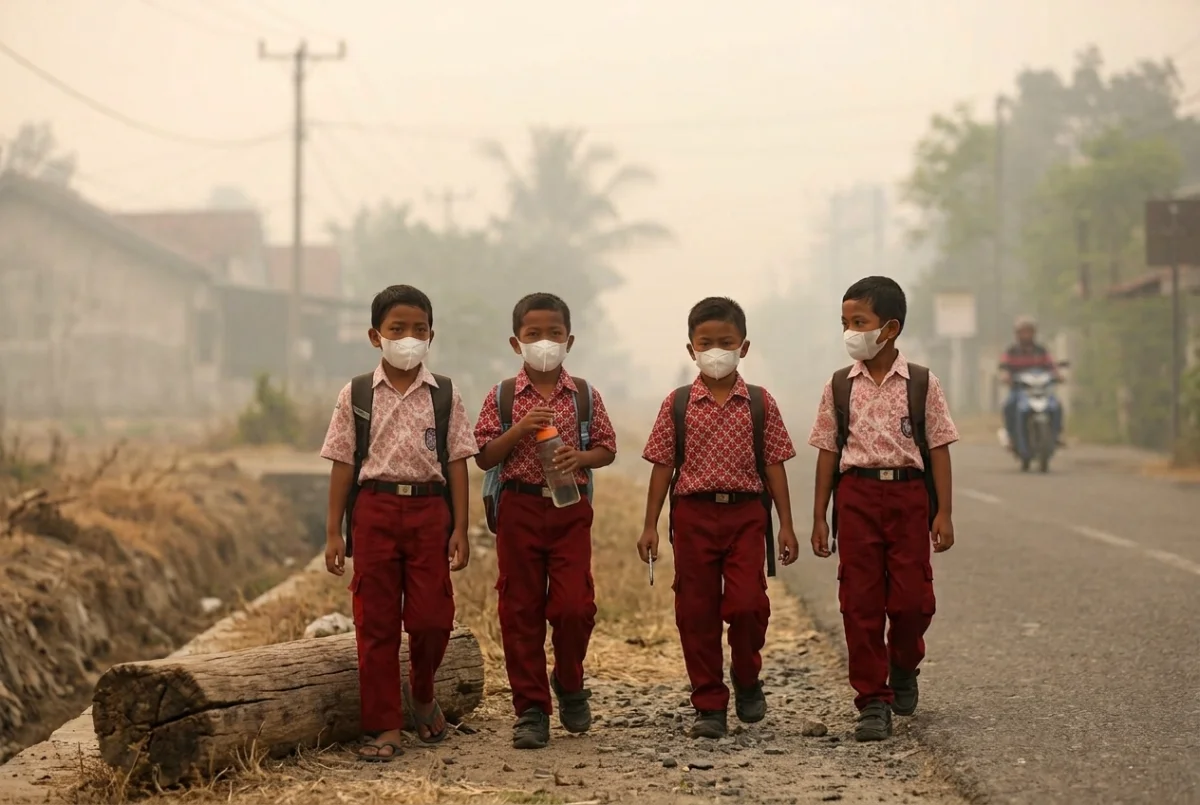Kabut asap akibat kebakaran hutan dan lahan menyelimuti wilayah Sumatera Utara. Sekolah menerapkan pembelajaran jarak jauh untuk melindungi kesehatan peserta didik. (Foto: AI/Rizq Azzahra)