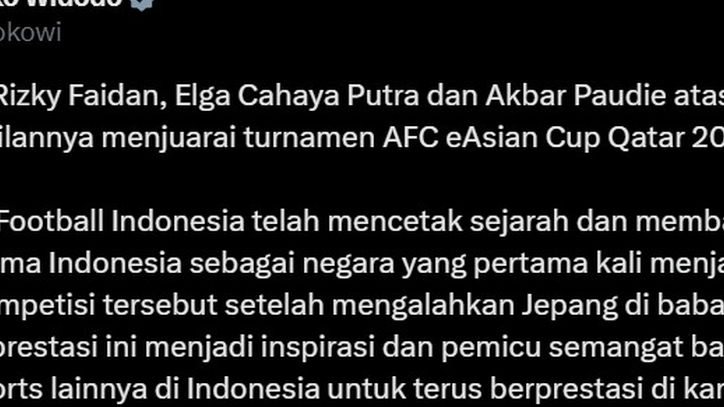 Presiden Jokowi Apresiasi Kemenangan Indonesia eAsian Cup Qatar 2023