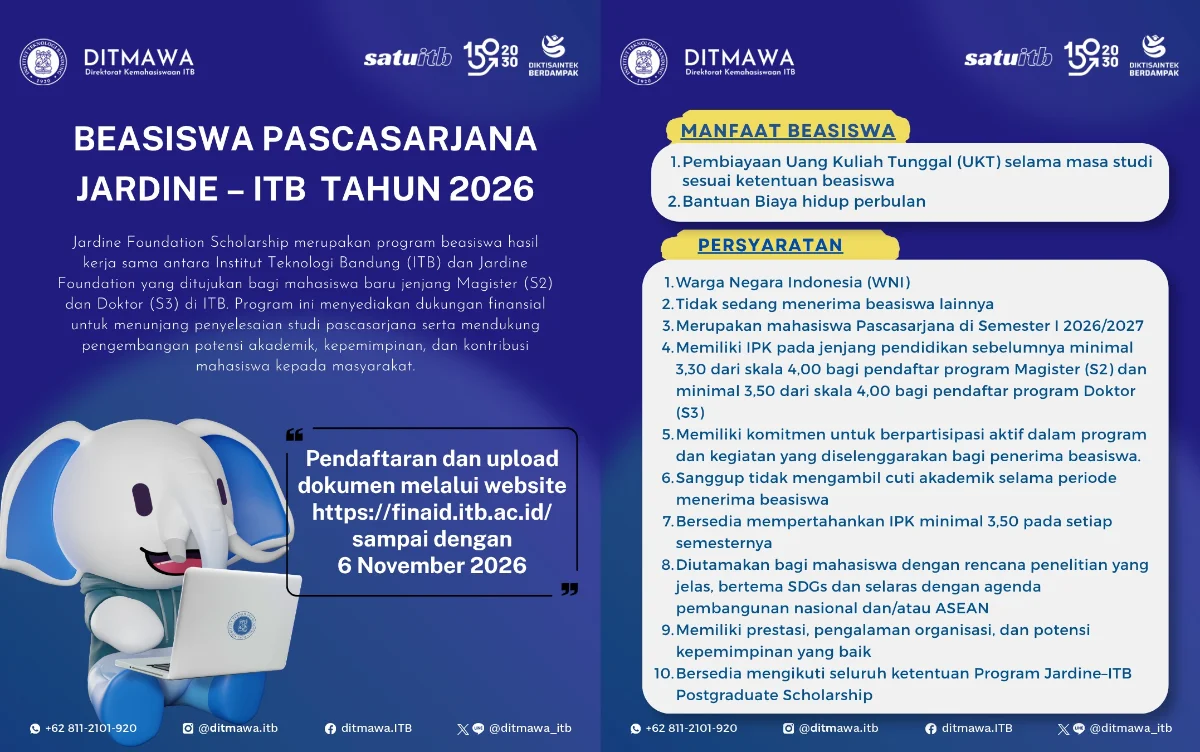 Institut Teknologi Bandung menyediakan beasiswa pascasarjana melalui program Jardine Foundation Scholarship. (Foto: multikampus.itb.ac.id)