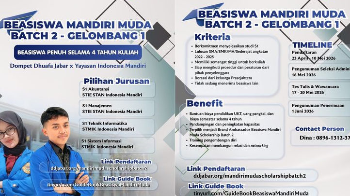 Beasiswa Mandiri Muda Batch 2 Dibuka, Kuliah Gratis S1 4 Tahun untuk Lulusan SMA dan SMK