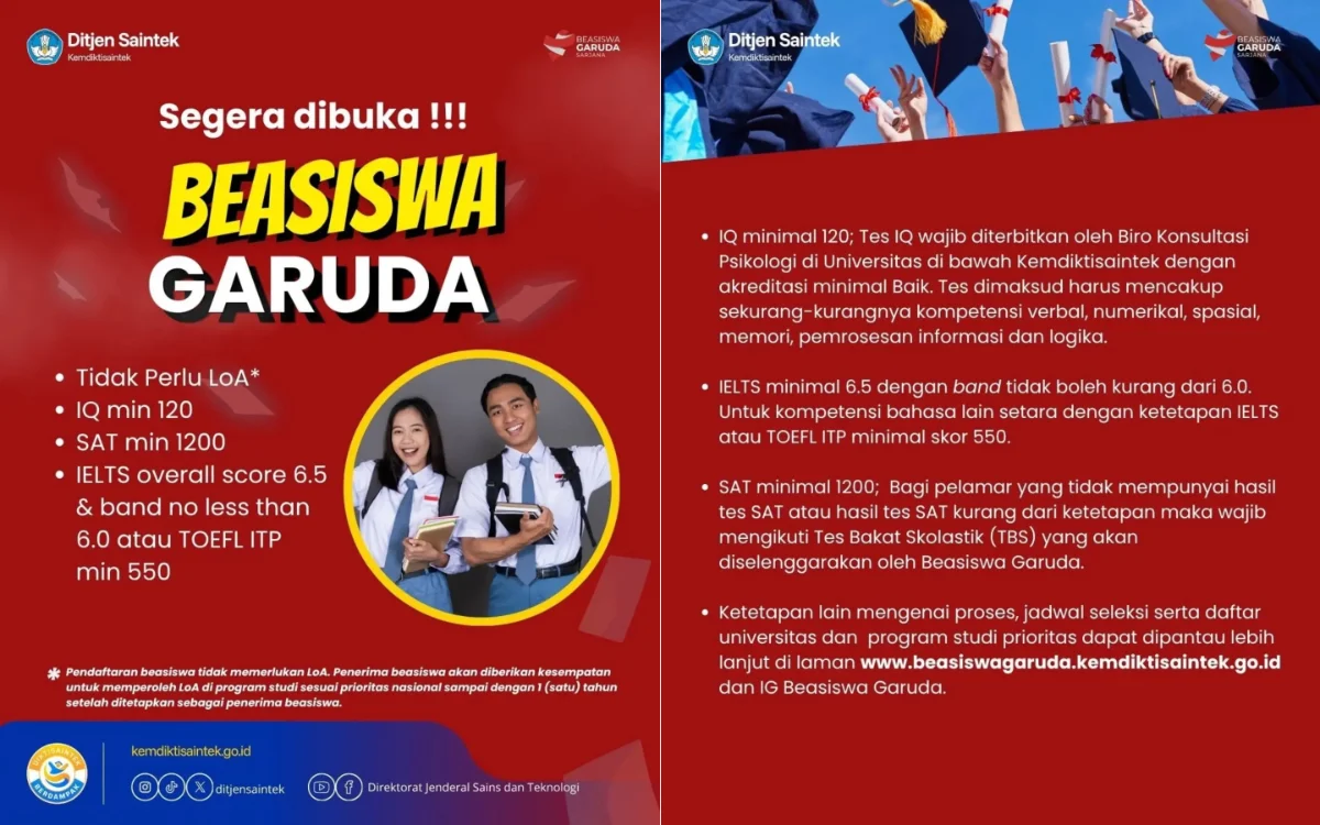 Beasiswa Garuda 2027 Segera Dibuka, Skor IQ Minimal 120 dan IELTS 6,5 Jadi Syarat