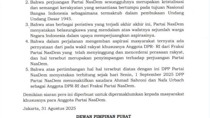 NasDem Menonaktifkan Ahmad Sahroni dan Nafa Urbach dari Fraksi DPR RI