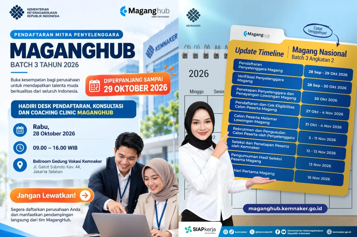 Kemnaker memperbarui lini masa MagangHub Batch 3 Tahun 2026, termasuk jadwal pendaftaran peserta dan mitra penyelenggara. (Foto: instagram@maganghub.kemnaker)