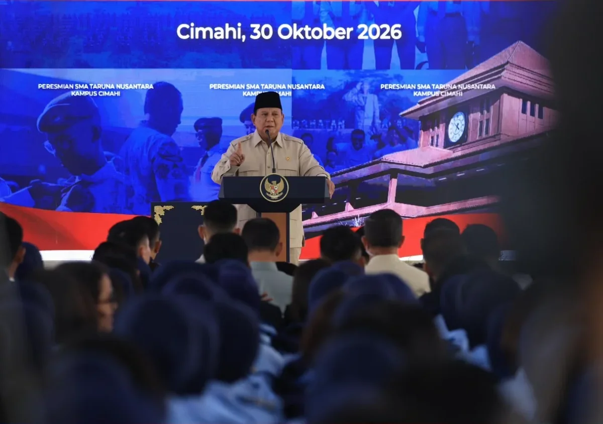 Presiden Prabowo Subianto menyampaikan pesan kebangsaan saat meresmikan SMA Taruna Nusantara Kampus Cimahi.