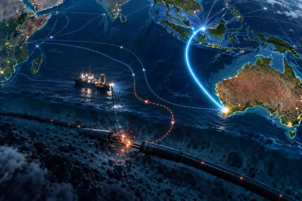 Kabel fiber optic antara Australia-Singapura melewati Indonesia. Tepatnya lewat Selat Sunda.