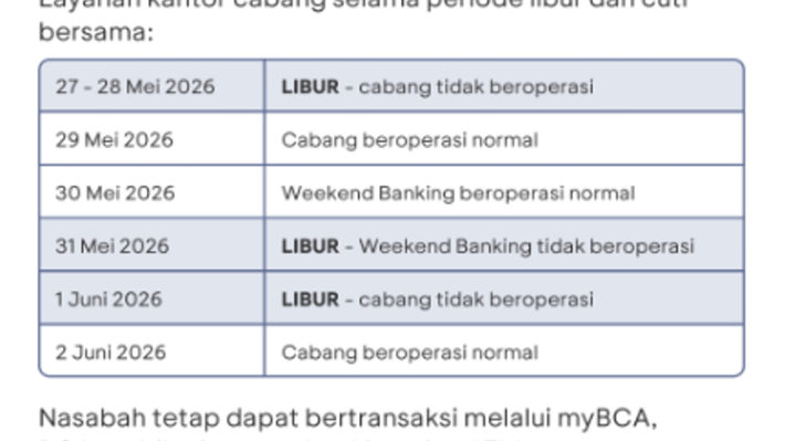 Catat! Ini Jadwal Operasional BCA Selama Libur Iduladha, Waisak, dan Hari Lahir Pancasila 2026