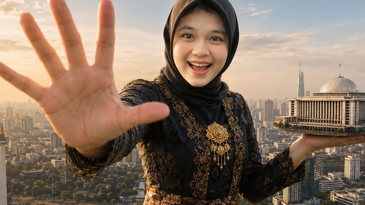 Prompt AI Giant Character Perempuan: Raksasa Berkebaya Sunda Pegang Masjid Istiqlal di Tengah Jakarta