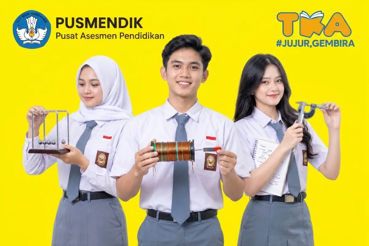 Siswa SMA mempelajari konsep Fisika dengan alat pembelajaran hingga berlatih mengerjakan soal sebagai persiapan menghadapi TKA 2026. (Foto AI/Rizq Azzahra)